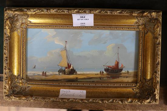 A set of 3 oils on board of beached fishing boats, largest 11 x 22cm